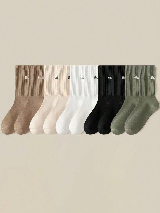 5Pairs/Set Men'S Comfortable Personality Letter Print Mid-Calf Socks for Autumn and Winter