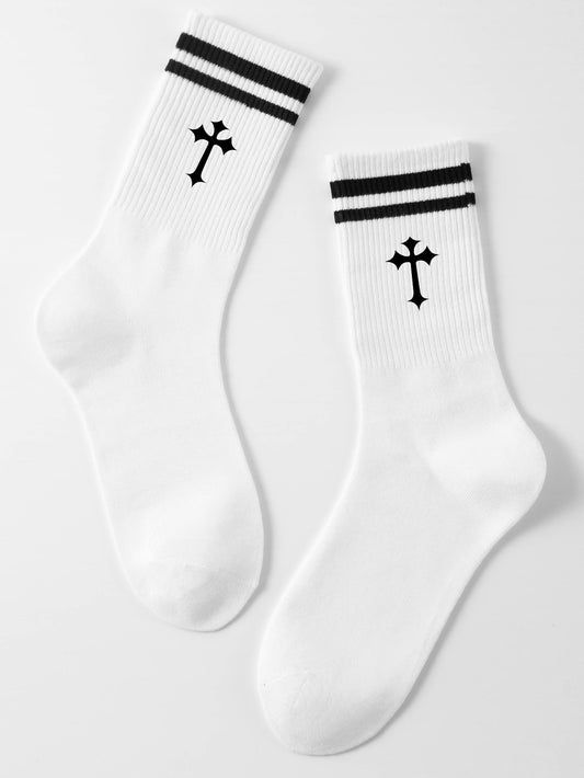 1Pair Men'S Mid-Calf Socks with Simple Cross Design, Suitable for Students and Sports Enthusiasts for Daily Wear