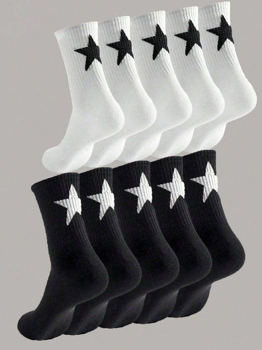 10Pairs Personality Five-Pointed Star Pattern Mid-Calf Socks with Reinforced Heel